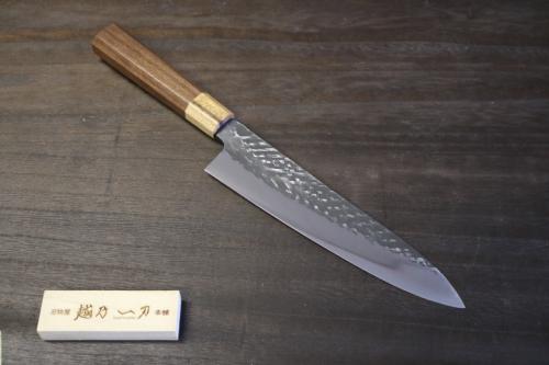 越乃一刀  牛刀 240mm (SLD割込 鎚目 黒染) 樫桂ウォールナット八角柄