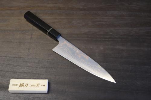 佐治武士 作 牛刀150mm 有色 青紙2号 積層鋼 黒檀 水牛桂柄