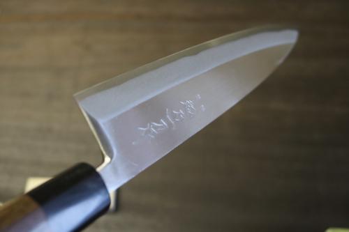 新品未使用 玉鋼 出刃包丁 五寸 檜八角柄赤色系桂 平鏡面仕上げ 堺孝行 特上白二鋼 切付出刃180 一位八角柄