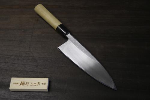 白ニ鋼　薄刃包丁　195㎜ 6.5寸 堺一文字光秀 白銀 霞研 鎌薄刃包丁 鞘付き