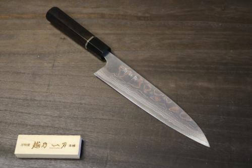 佐治武士 作 牛刀210mm 有色 青紙2号 積層鋼 黒檀 水牛桂柄